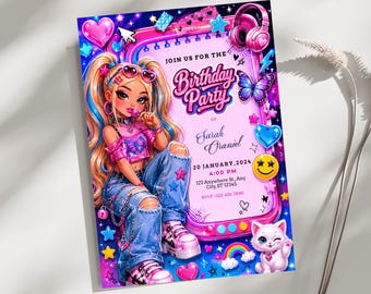 Bratz Birthday Invitation Template, Y2K Glam Party Invite, Editable Canva Birthday Card, Pink Aesthetic Printable Celebration Download