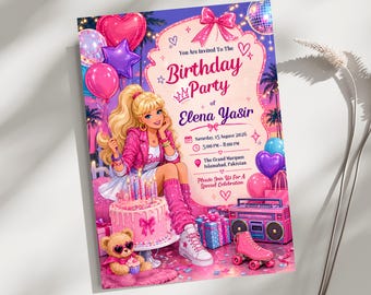 Barbie Birthday Invitation Template, Editable Canva Party Invite, Pink Glam Printable Birthday Card, Fashion Doll Celebration Download
