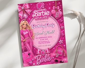 Barbie Birthday Invitation Template, Editable Canva Party Invite, Pink Glam Printable Birthday Card Barbie Fashion Doll Celebration Download
