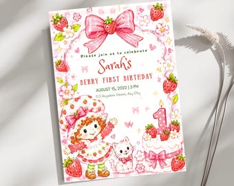 Berry First Birthday Invitation Template, Strawberry First Birthday Invite, Editable Canva Berry Sweet Birthday Party Download Printable