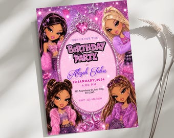 Bratz Birthday Invitation Template, Editable Canva Party Invite, Y2K Glam Printable Birthday Card, Fashion Doll Celebration Download