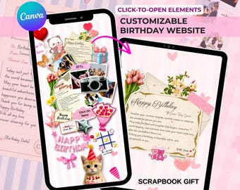 Digital Scrapbook Birthday Gift Website Template | Editable Canva Birthday Surprise | Digital Scrapbook Website | Click Objects to Open