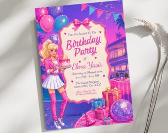 Barbie Birthday Invitation Template, Editable Canva Party Invite, Pink Glam Printable Birthday Card, Fashion Doll Celebration Download