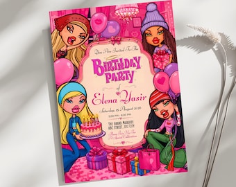 Bratz Birthday Invitation Template, Editable Canva Party Invite, Y2K Glam Printable Birthday Card, Fashion Doll Celebration Download
