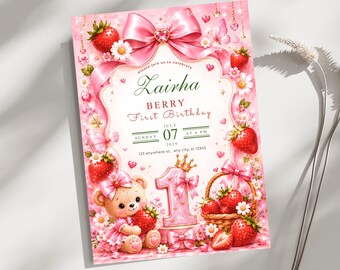 Berry First Birthday Invitation Template, Strawberry First Birthday Invite, Editable Canva Berry Sweet Birthday Party Download Printable