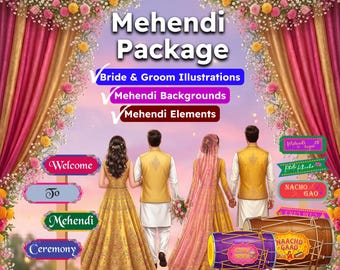60+ Mehendi Wedding Illustration Bundle | Bride & Groom, Backgrounds, Elements | PNG + SVG | High Quality Digital Files | Digital Download