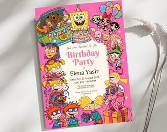 90s Cartoon Birthday Invitation Template, SpongeBob Scooby Doo Rugrats Hey Arnold Powerpuff Girls Canva Party Invite All Cartoons Birthday