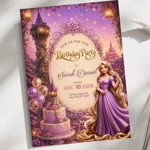 May include: A princess-themed birthday party invitation. The design includes a castle, a princess in a purple dress, a two-tiered cake, and balloons. The text reads "Join us for the Birthday Party of Sarah Daniel".