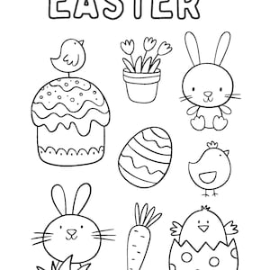 Può includere: Illustrazione in bianco e nero con la parola "EASTER" in alto. L'immagine presenta disegni a tema pasquale, tra cui un coniglietto, un pulcino, un uovo, una carota, fiori e una torta con un uccello sopra.