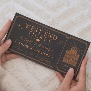 May include: A rectangular black ticket with copper-coloured text and illustrations. The ticket features the words WEST END TICKET, A Night to Remember, and SHOW NAME HERE. It includes details for date, time, venue, and a theatre building graphic.