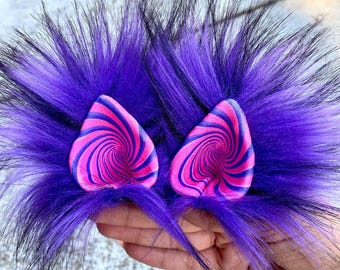 Fluffy Clip-In Cat Ears – Purple Faux Fur Cosplay & Rave Headpiece – Alice Wonderland Festival Costume Accessory – Cheshire Dreams