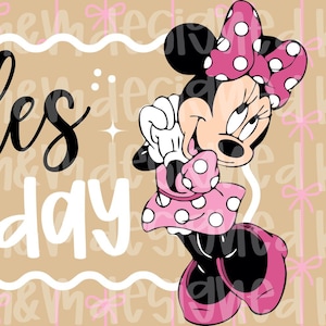 May include: A banner with the text "oh two dles Happy Birthday" in black and white script, with the number "two" in pink. A cartoon Minnie Mouse character in a pink polka dot dress and bow is on the right side.