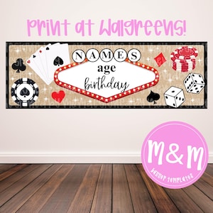 Op de afbeelding: Een verjaardagsbanner met casinothema met een zwarte rand, met speelkaarten, pokerchips, dobbelstenen en een rood en wit lichtbakkenbord met de tekst "NAMES age birthday". De banner bevat ook de tekst "print at Walgreens!"