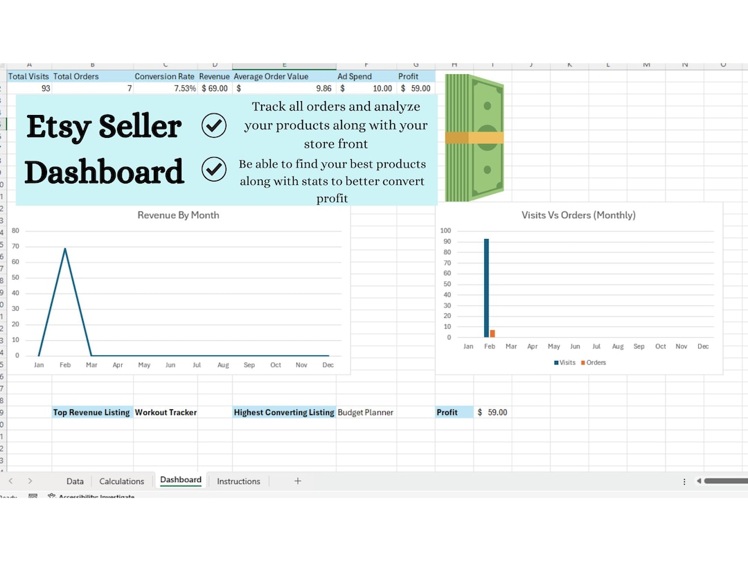 Etsy Seller Dashboard Excel Template | Sales, Revenue and Profit ...