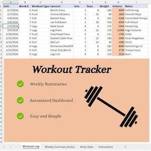 Workout Tracker Excel Spreadsheet with Weekly Summary & Body Stats