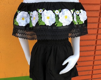 blusa mexicana, blusa catrina, blusa bordada, of the shoulders blouse, blusa campesina, blusa artesanal, blusa negra bordada,day of the dead