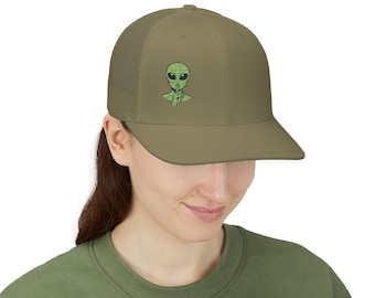 Green Alien Head embroidery Snapback Cap | Trucker Mesh Hat