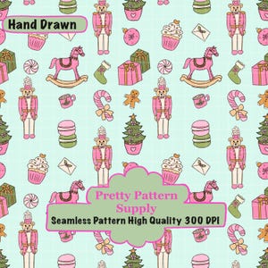 May include: A seamless digital pattern on a light mint grid background featuring hand-drawn illustrations of pink nutcracker bears, rocking horses, Christmas trees, cupcakes, candy canes, gift boxes, and stockings with the text Hand Drawn.
