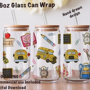 Back to School Glass Can Wrap PNG, 16oz Libbey , School Bus Design, Teacher Cup Sublimation,  Classroom Supplies