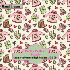 Cozy Christmas Seamless Pattern PNG, Sweater Mittens Muffler Hot Cocoa Digital Paper, Christmas Repeating Pattern(Commercial Use)