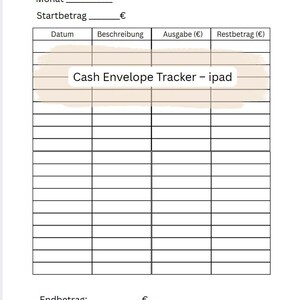Könnte beinhalten: Ein weißer, druckbarer Cash-Envelope-Tracker mit einem Raster zur Verfolgung der Ausgaben. Oben auf der Seite steht der Titel "Cash Envelope Tracker - Lebensmittel" und "Cash Envelope Tracker - ipad". Enthält Felder für Monat, Startbetrag, Datum, Beschreibung, Ausgabe und Restbetrag.