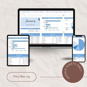 May include: A digital budget dashboard displayed on a laptop, tablet, and smartphone. The interface features blue and white charts and tables, with the month of January highlighted. The phrase "Floral Blue Jay" is at the bottom.