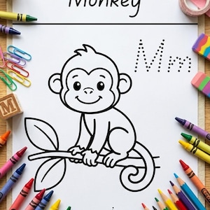 May include: A black and white illustration of a monkey sitting on a branch, with the word "Monkey" above it. The letter "M" is dotted for tracing. Crayons and colored pencils surround the image, suggesting a children's activity or educational material.