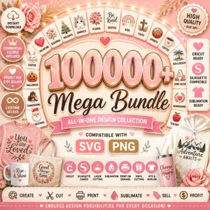 May include: A digital design mega bundle advertisement featuring the text 100000+ Mega Bundle All-in-One Design Collection. The graphic includes icons for holidays, animals, and sports, alongside images of a t-shirt, tote bag, mug, and hoodie.