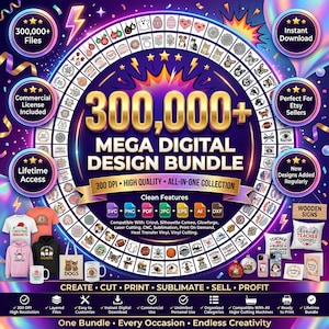 Puede incluir: Un anuncio de un paquete de diseños digitales con un gran gráfico circular lleno de cientos de iconos pequeños, texto dorado 300,000+ MEGA DIGITAL DESIGN BUNDLE y varias muestras de productos como camisetas, tazas y bolsas.