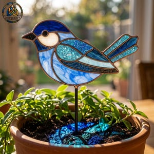 May include: A stained glass bird ornament in shades of blue, featuring a dark blue head, a white cheek patch, and a textured teal wing. The bird is mounted on a thin black metal stake, designed to be inserted into a potted plant for decoration.
