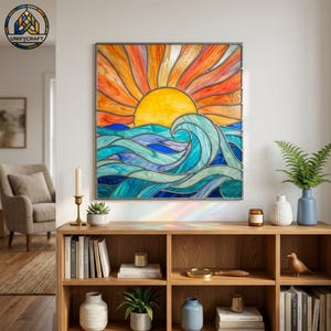 May include: A rectangular stained glass panel featuring a vibrant sunset over ocean waves. The sun is a bright yellow circle with radiating orange and red rays. Below, stylized blue and teal glass waves crest in a dynamic, flowing pattern.