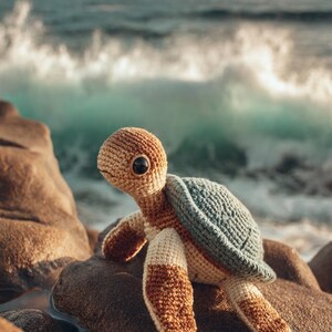 May include: A crocheted turtle figurine with a tan head, cream-colored body, and brown and blue shell. The turtle is sitting on a brown rock with the ocean in the background. The turtle is a handmade item.