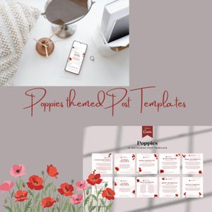 Può includere: Immagine di marketing digitale con uno smartphone che mostra un post sui social media con grafica di papaveri. L'immagine include un set di 10 modelli di post di Instagram con design di papaveri e un'illustrazione floreale di papaveri.