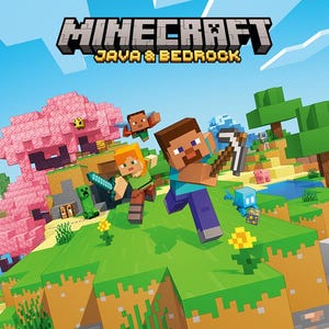 Puede incluir: Una ilustración digital para Minecraft Java & Bedrock con los personajes cúbicos Steve y Alex en un paisaje vibrante con un cerezo en flor rosa, colinas verdes, un río azul, una oveja blanca y un cañón rocoso de color marrón.
