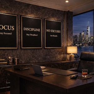 May include: A luxurious home office with a dark wood desk, leather chair, and a city skyline view at night. Three framed motivational posters read "FOCUS", "DISCIPLINE", and "NO EXCUSES". A laptop, lamp, and a glass of whiskey are on the desk.