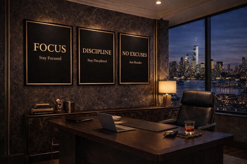 May include: A luxurious home office with a dark wood desk, leather chair, and a city skyline view at night. Three framed motivational posters read "FOCUS", "DISCIPLINE", and "NO EXCUSES". A laptop, lamp, and a glass of whiskey are on the desk.