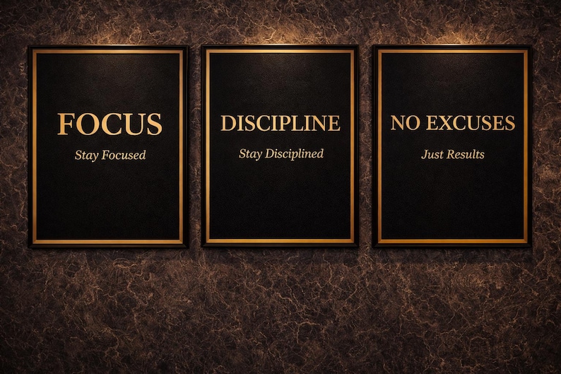 May include: Three framed black plaques with gold lettering and trim. The plaques read "FOCUS, Stay Focused", "DISCIPLINE, Stay Disciplined", and "NO EXCUSES, Just Results". The plaques are mounted on a textured, dark brown wall.