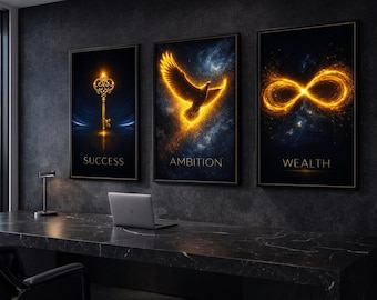 Success Ambition Wealth Wall Art Set of 3, Motivational Office Decor, Success Mindset Poster, Entrepreneur Gift, Digital Download