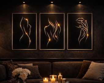 Conjunto de 3 láminas de arte mural de líneas sensuales, estampado minimalista del cuerpo femenino, decoración de pared en negro y dorado, arte moderno para dormitorio, dibujo abstracto de mujer en línea.