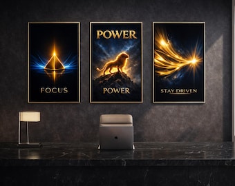 Motivational Wall Art Set of 3, Focus Power Stay Driven Poster, Success Mindset Decor, Modern Office Wall Art, Digital Download