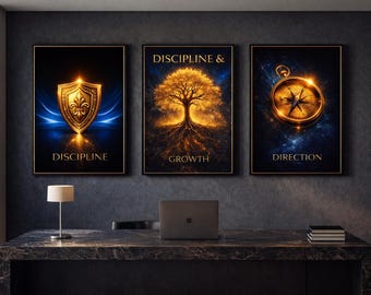 Motivational Wall Art Set of 3, Discipline Growth Direction Poster, Success Mindset Decor, Office Inspiration Print, Modern Wall Art
