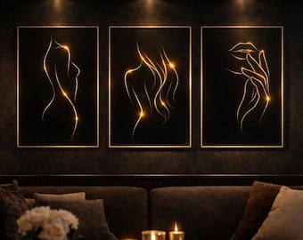 Luxus schwarz Gold Wand Kunst 3er-Set, minimalistische weibliche Linie Kunst, elegantes feminines Dekor, moderne abstrakte Frau Drucke, druckbare Kunst