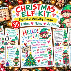May include: A Christmas Elf Kit printable activity bundle featuring 35 letters, notes, and activities. The collection includes colorful illustrated cards with text like Hello I'm your ELF, Official Elf Report, and Letters from the North Pole.
