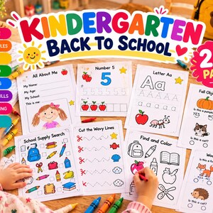 Pode incluir: Um conjunto de atividades educativas Kindergarten Back to School com 250 páginas de fichas de trabalho, incluindo All About Me, traçado do alfabeto, prática de números, exercícios de motricidade fina e puzzles lógicos com ilustrações.