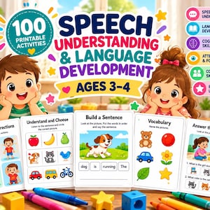 May include: A set of 100 printable activities for speech understanding and language development for ages 3-4. The cards feature colorful illustrations and text including Follow the Directions, Understand and Choose, Build a Sentence, Vocabulary, and Answer the Questions, accompanied by markers and blocks.
