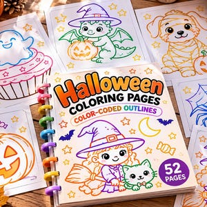May include: A spiral-bound Halloween colouring book with 52 pages featuring colour-coded outlines of a witch, cat, and pumpkin. Surrounding the book are individual colouring sheets showing a ghost on a cupcake, a dragon, a mummy dog, and a spider.