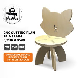 Può includere: Una sedia in legno per bambini con schienale a forma di volpe e seduta rotonda. La sedia è realizzata in legno chiaro e presenta un design a forma di viso ritagliato. L'immagine include il testo: "CNC CUTTING PLAN 18 & 19 MM 1,8cm & 1,9cm".