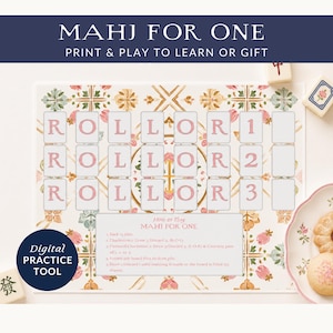 Pode incluir: Um tabuleiro de jogo Mahjong com o texto "MAHJ FOR ONE" e "PRINT & PLAY TO LEARN OR GIFT". O tabuleiro apresenta desenhos florais rosa e dourado, com espaços para peças rotuladas "ROLL" e números. Inclui um rótulo "Digital PRACTICE TOOL".