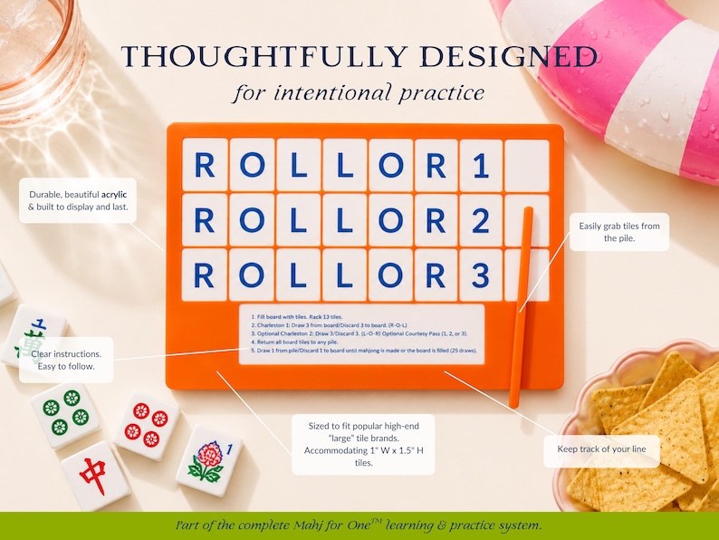 Peut inclure: Un tableau d'entra&icirc;nement de Mahjong en acrylique orange avec le mot "ROLLOR" et les chiffres 1, 2 et 3. Le tableau est con&ccedil;u pour s'adapter aux grandes tuiles, avec des instructions claires et un accent sur la pratique intentionnelle. Comprend des tuiles et un gonflable rose et blanc.