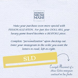 May include: Image shows a cream-colored background with text and a yellow rectangle. The text includes "HOWDY MUM MAHJ" and instructions for personalizing a luxury game board with a three-letter monogram, such as "SLD".
